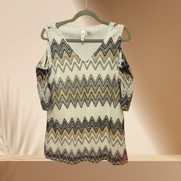 Tacera Cold Shoulder Chevron Dress | Metallic Zig Zag | Size L - Picture 1 of 4